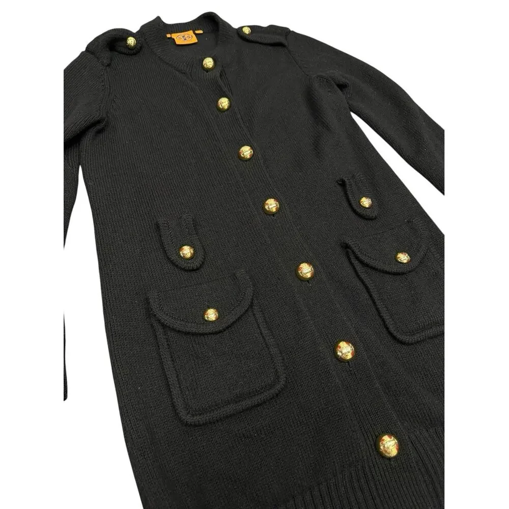 Tory Burch Long 100% Wool Cardigan Coat XL Black Gold Logo Buttons